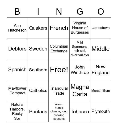 Colonization Bingo Card