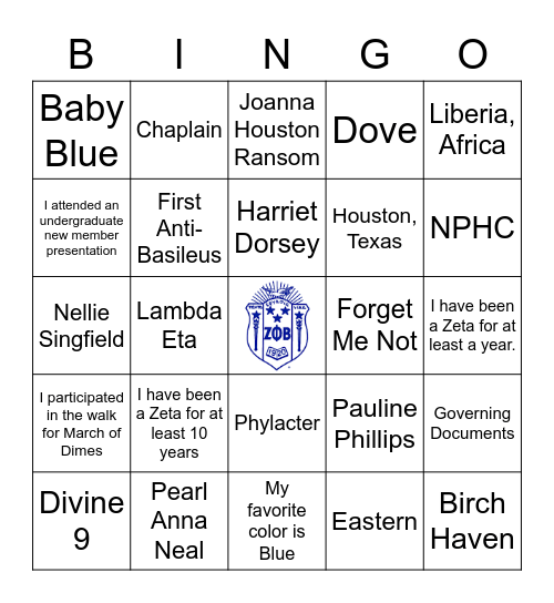 Zeta Phi Beta Sorority Bingo Card