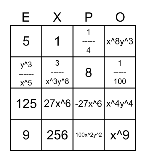 Properties of Exponents Bingo ROUND 1 Bingo Card