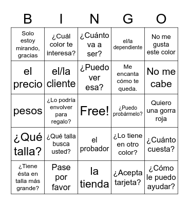 Spanish II Purchasing clothing Bingo Card