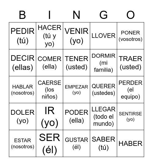 PRETERITO Bingo Card