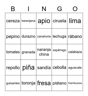 Fruits and Vegetables Bingo Card