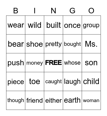 SIPPS Plus Sight Word Bingo Card