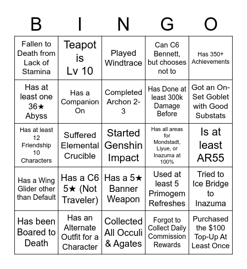 Genshin Impact Bingo Card