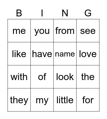 Sight Words Bingo Card