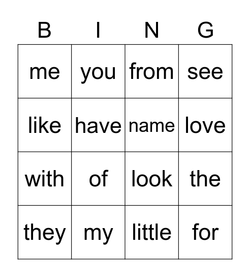 Sight Words Bingo Card