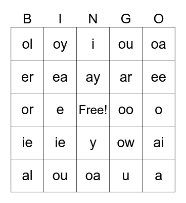 Vowel Sounds Bingo Card