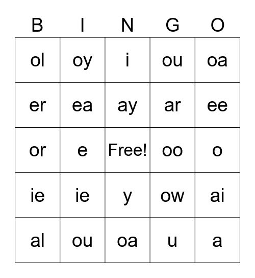 Vowel Sounds Bingo Card