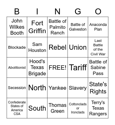 Texas and the Civil War Bingo Card