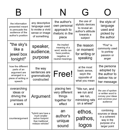 AP Lang Review Bingo Card