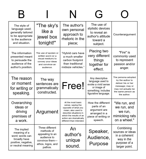 AP Lang Review Bingo Card