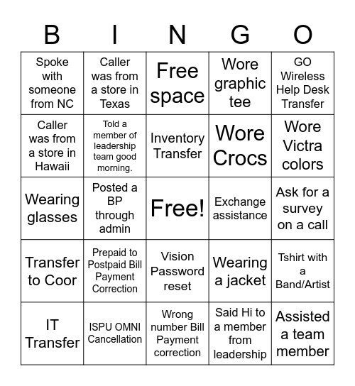 Help Desk Bingo Card