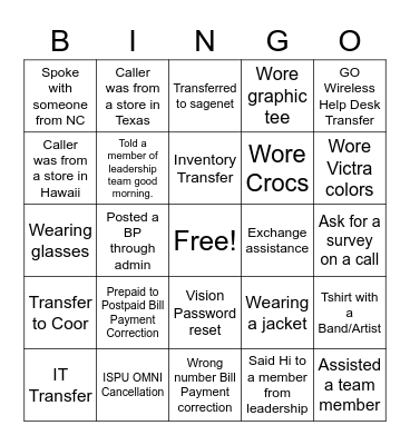 Help Desk Bingo Card