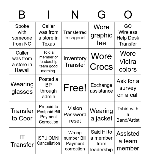 Help Desk Bingo Card