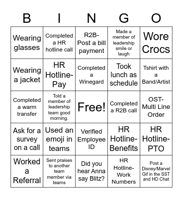 Sale Support Team Bingo Card