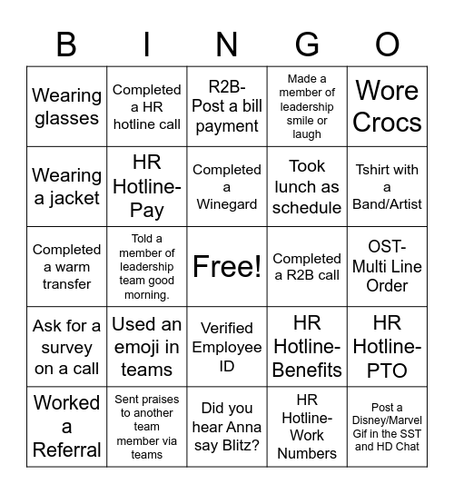 Sale Support Team Bingo Card