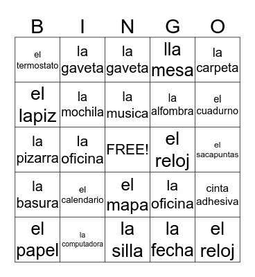 Spanish Classroom Objects Bingo Card
