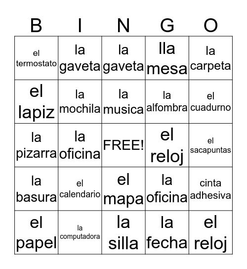 Spanish Classroom Objects Bingo Card
