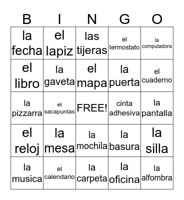 Spanish classroom objects Bingo Card