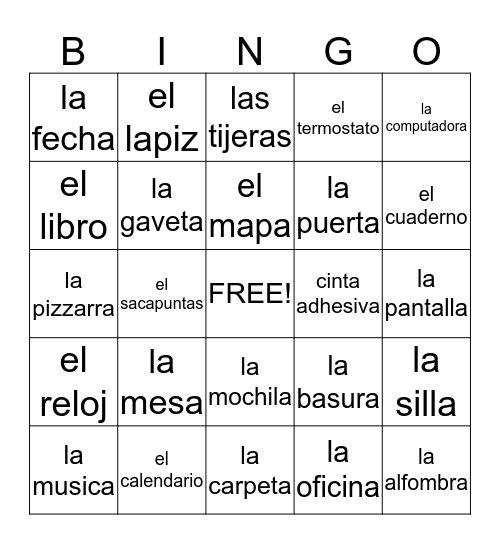 Spanish classroom objects Bingo Card