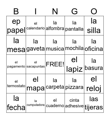 Spanish Classroom Objects Bingo Card