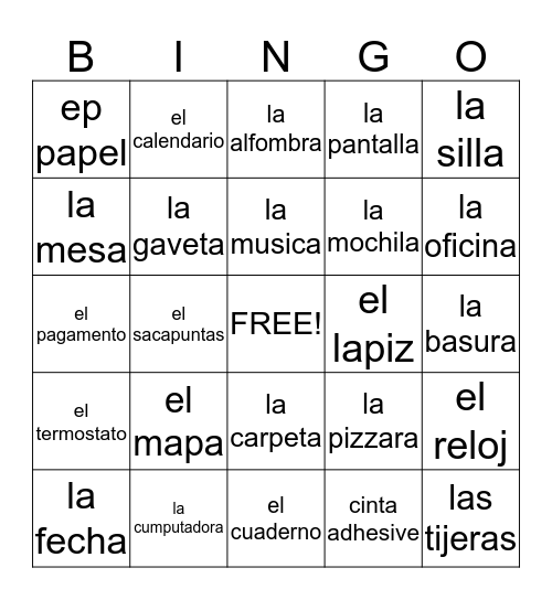 Spanish Classroom Objects Bingo Card