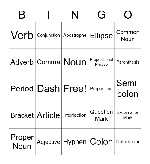 Parts of Speech and Punctuation Bingo Card