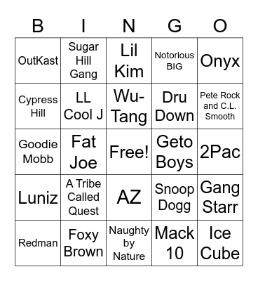 90’s HipHop and R&B Bingo Card