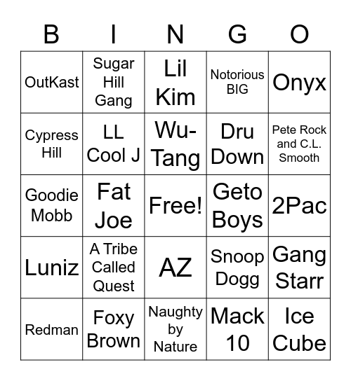 90’s HipHop and R&B Bingo Card