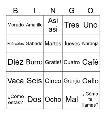 Español Bingo Card