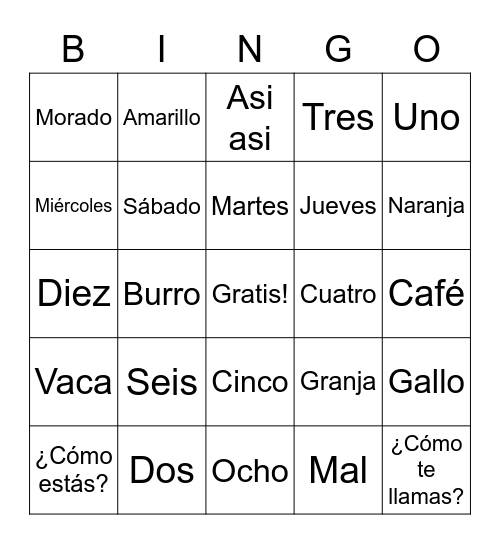 Español Bingo Card