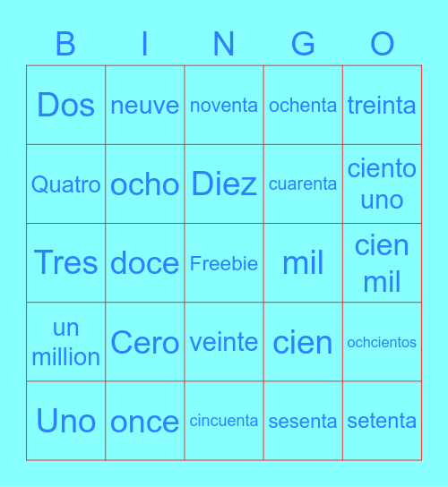 Espanol Numeros Bingo Card