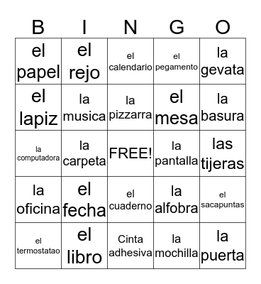 Spanish Classroom Objects Bingo Card