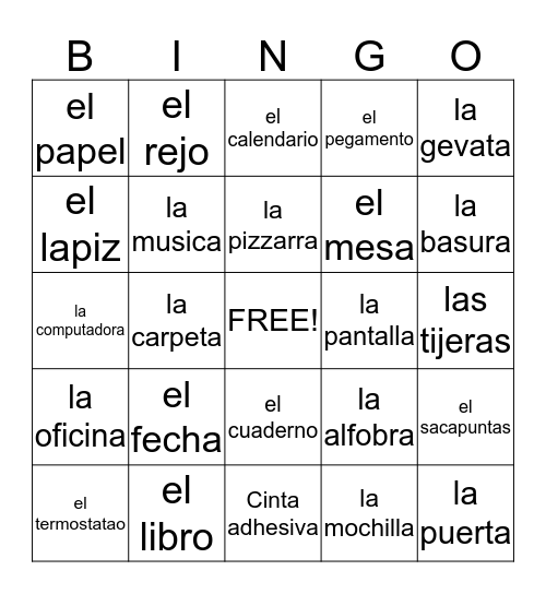 Spanish Classroom Objects Bingo Card