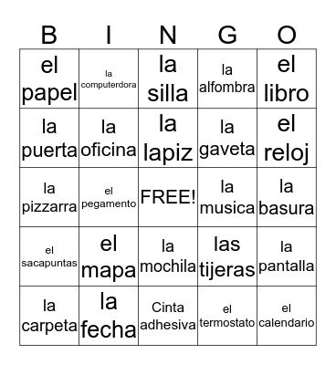 Spanish Classroom OBJECTS Bingo Card
