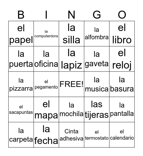Spanish Classroom OBJECTS Bingo Card