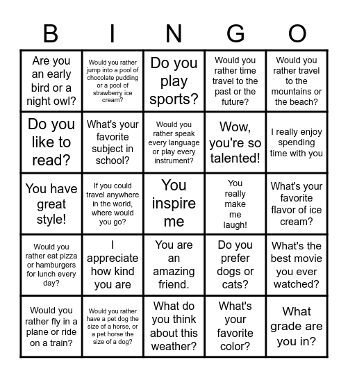 Conversation Starters and Compliments Bingo Card