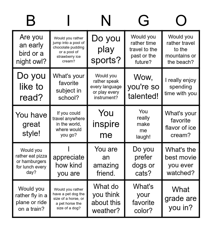 Conversation Starters and Compliments Bingo Card
