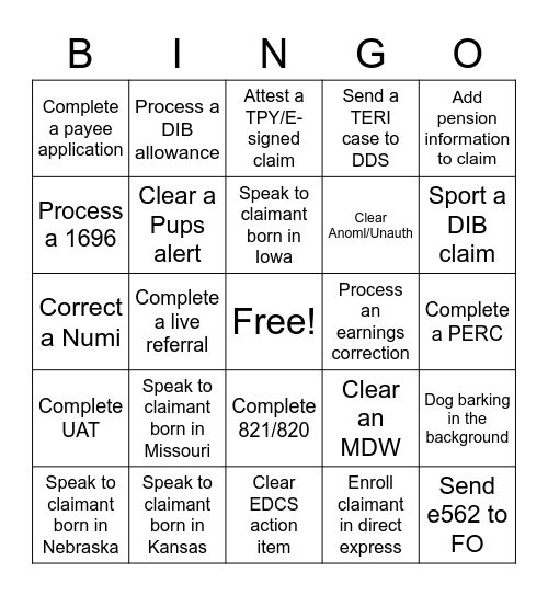 Claims Bingo Card