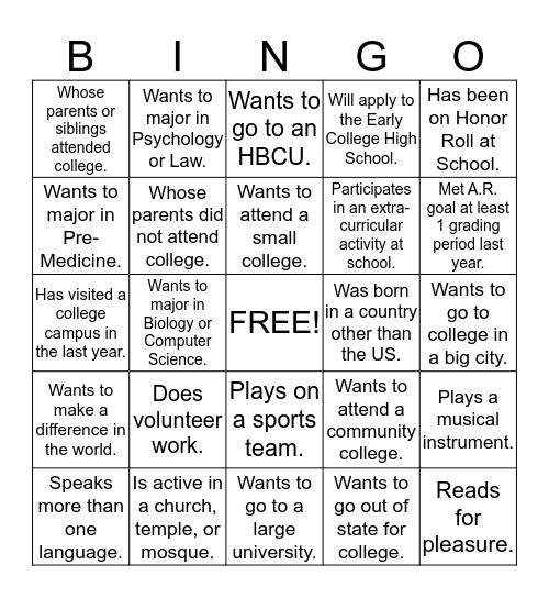 College Bound Bingo Card