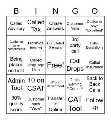 Call Center Bingo Card