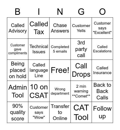 Call Center Bingo Card