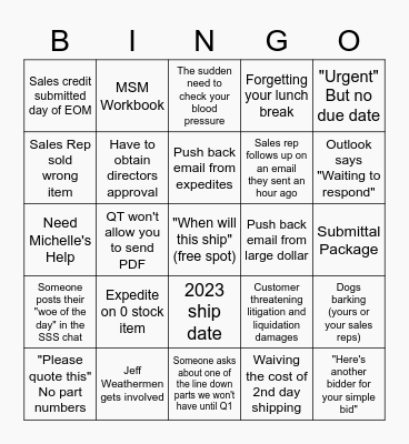 Sales Support Bingo Card