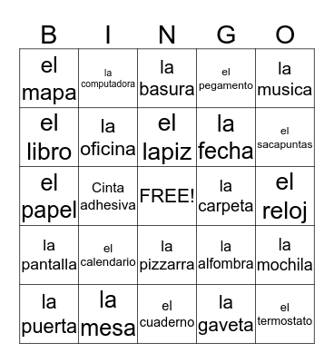 Spanish Classroom Objects  Bingo Card