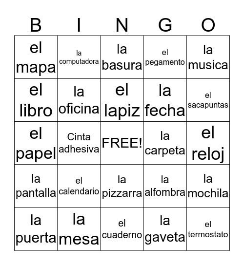 Spanish Classroom Objects  Bingo Card