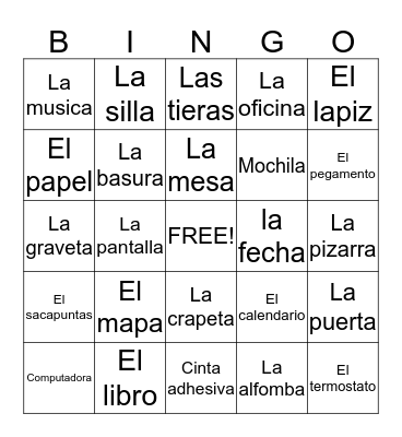 Spanish classroom objects Bingo Card
