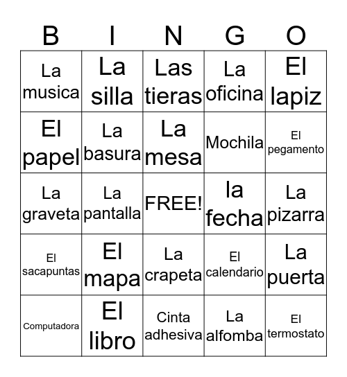 Spanish classroom objects Bingo Card