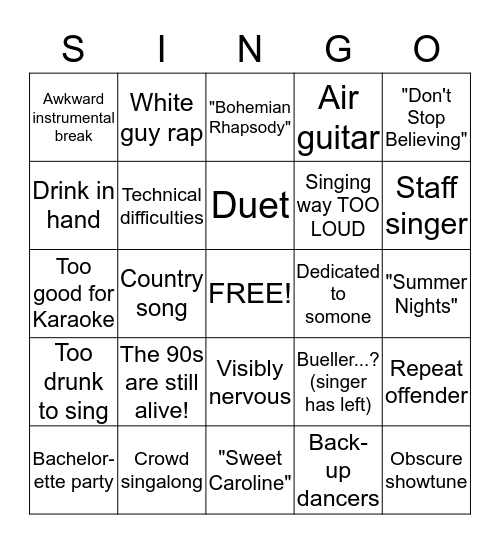 KARAOKE!  Bingo Card