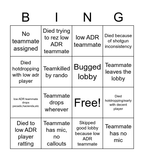 Rando Duo Bingo Card