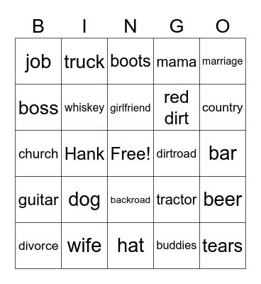 Play That Country Music White Boy Bingo Card